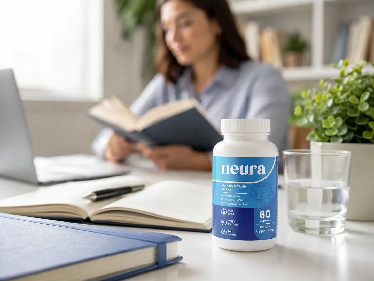 Neura supplement lifestyle view Neura supplement bottle beside a glass of water with a woman reading in the background