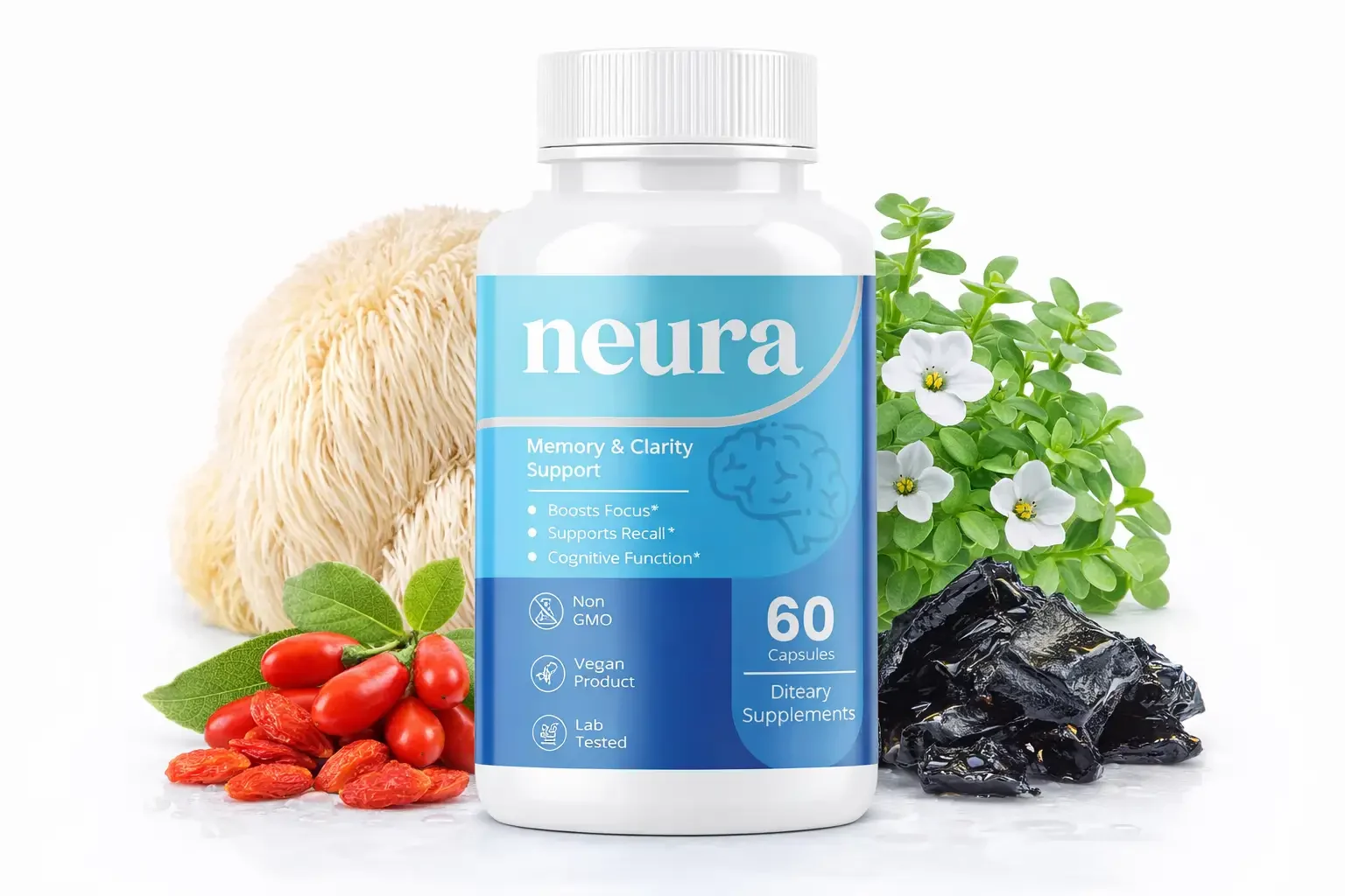 Neura formula ingredient visual Neura bottle displayed with visual representations of highlighted botanical ingredients